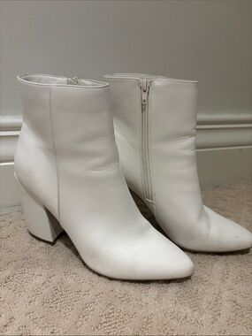 White Leather Ankle Boots with Block Heel